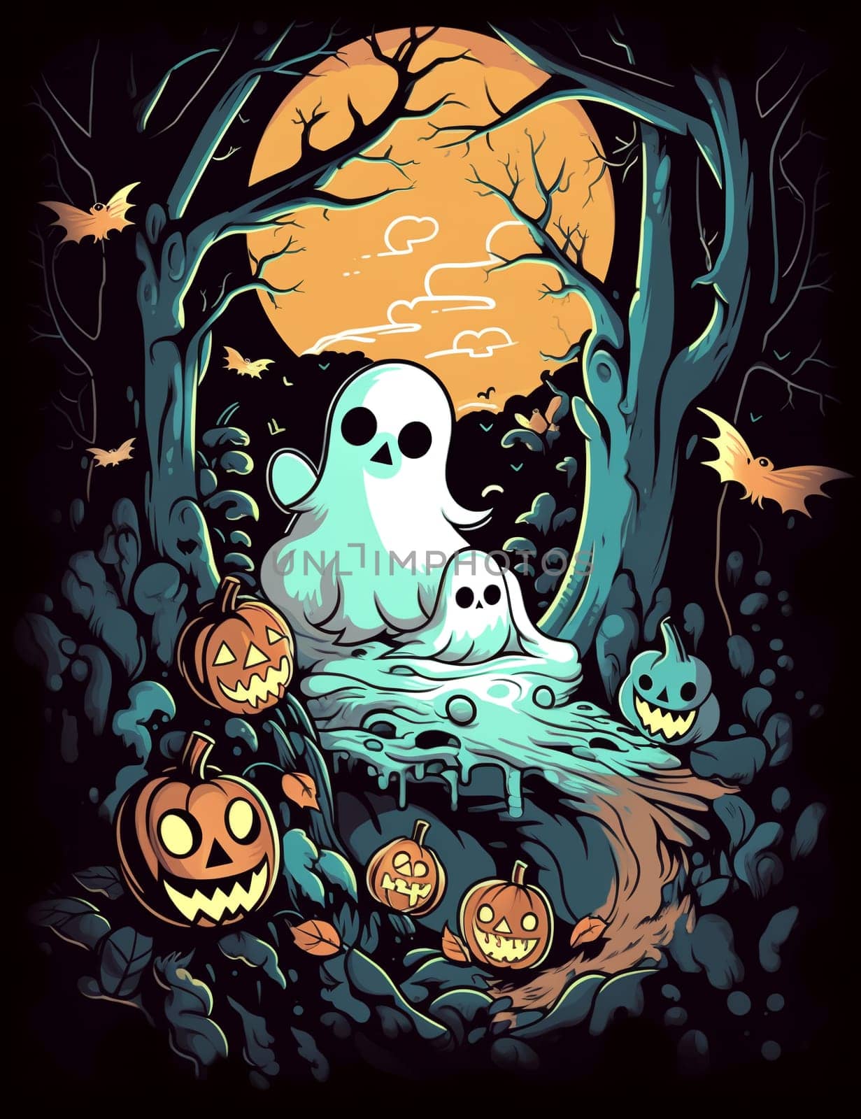 Halloween ghost with pumpkins.  by AndreyKENO