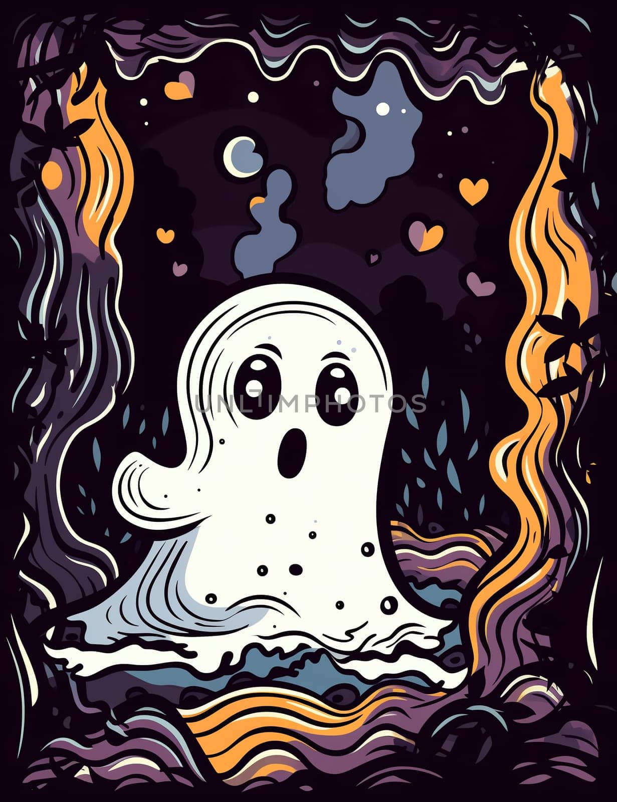 Cute cartoon children's illustration of a ghost with pumpkins. AI Generated