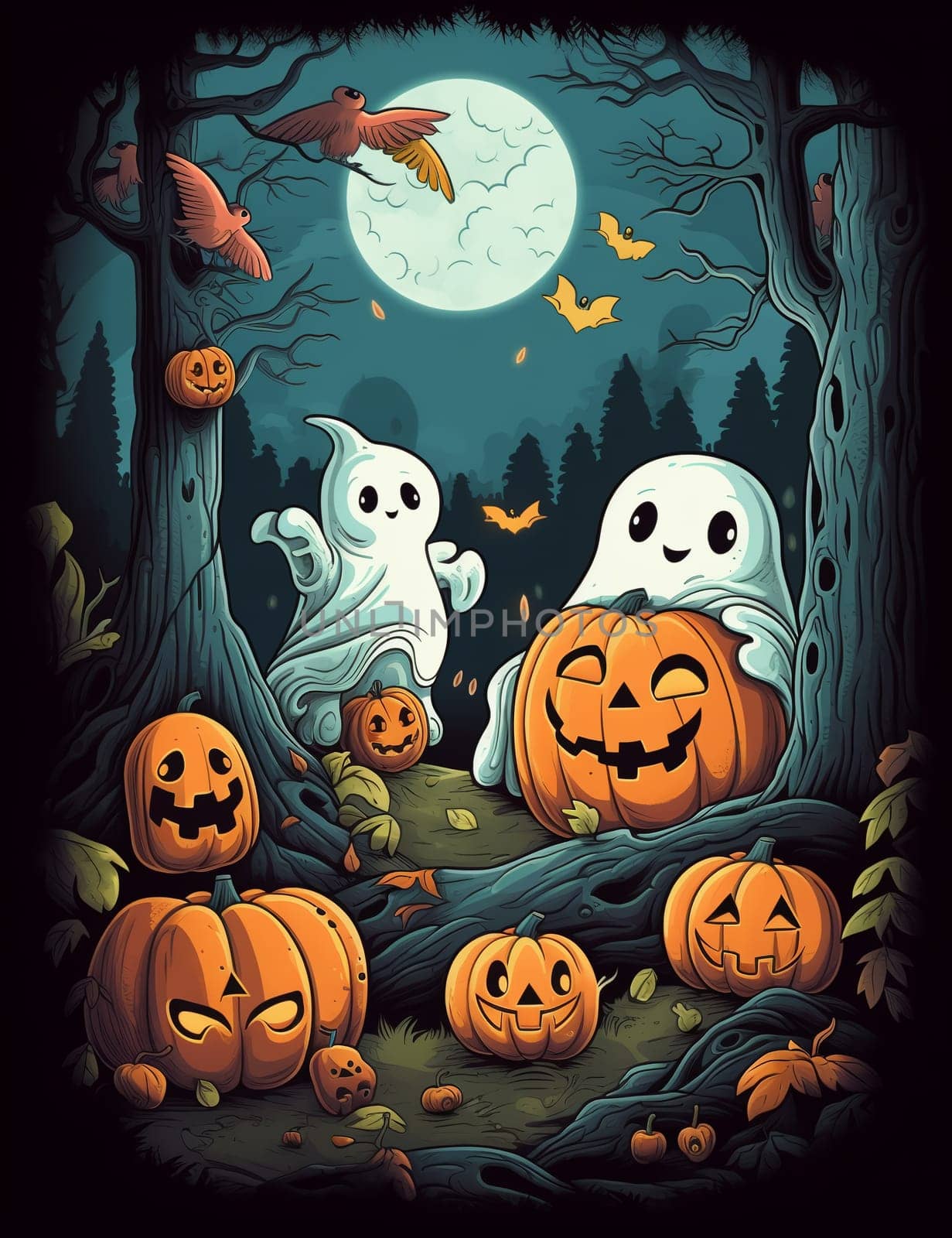 Cute cartoon children's illustration of a ghost with pumpkins. AI Generated
