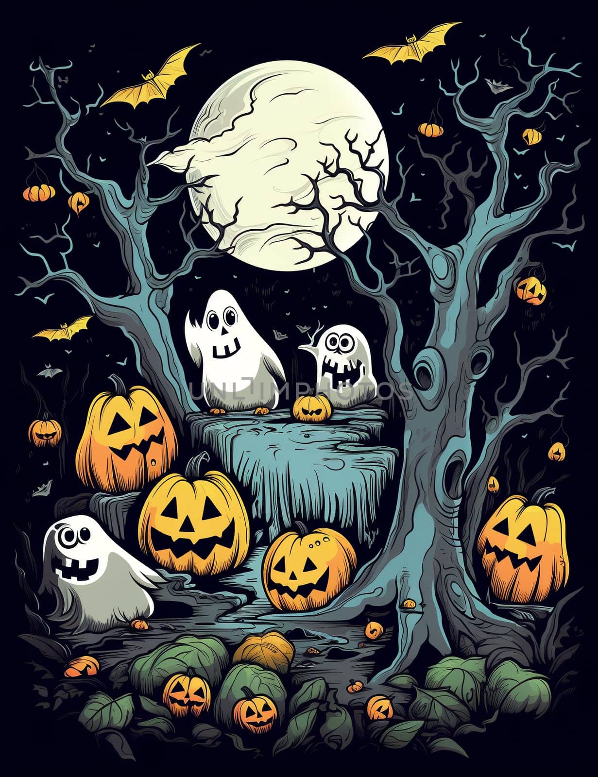 Cute cartoon children's illustration of a ghost with pumpkins. AI Generated