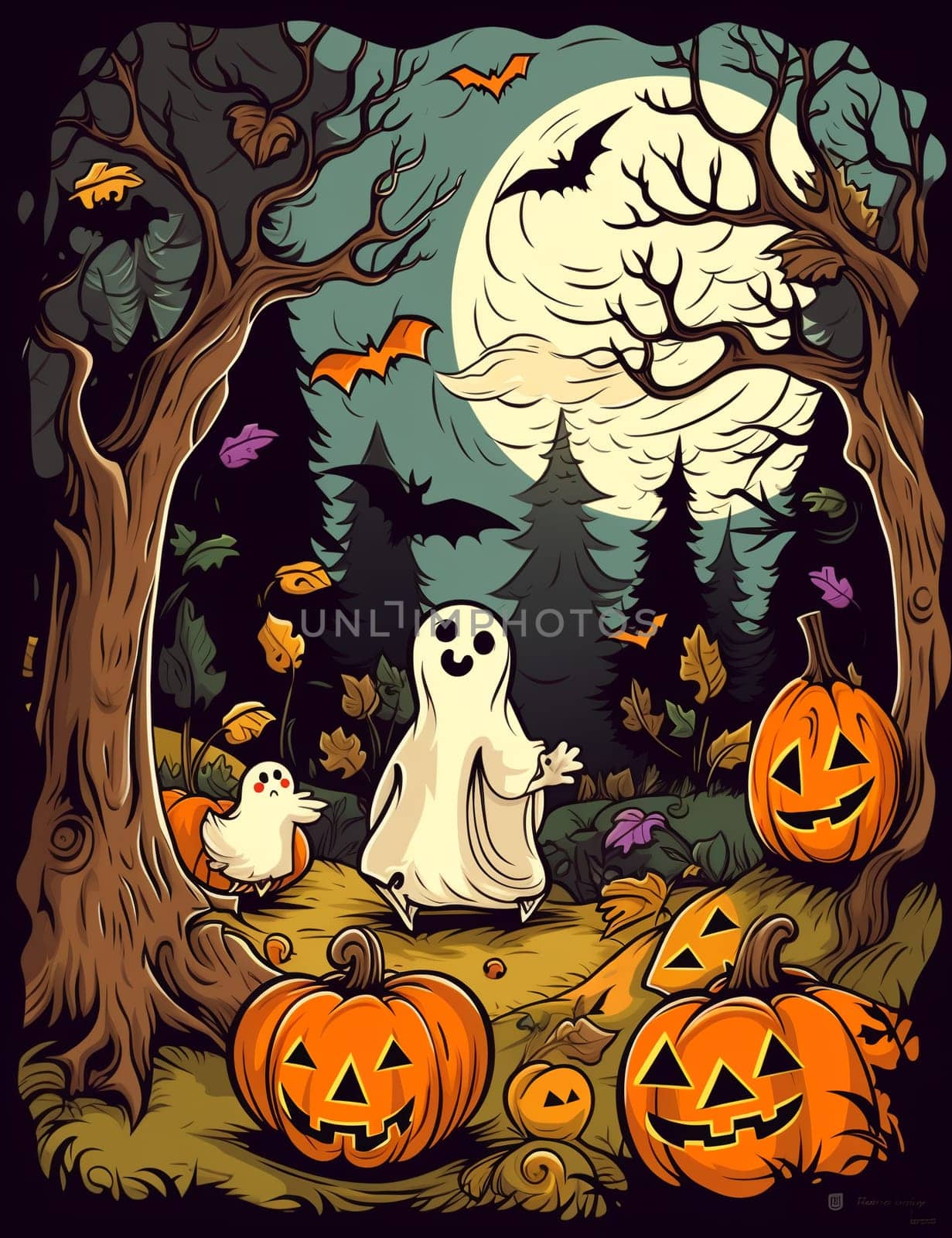 Cute cartoon children's illustration of a ghost with pumpkins. AI Generated