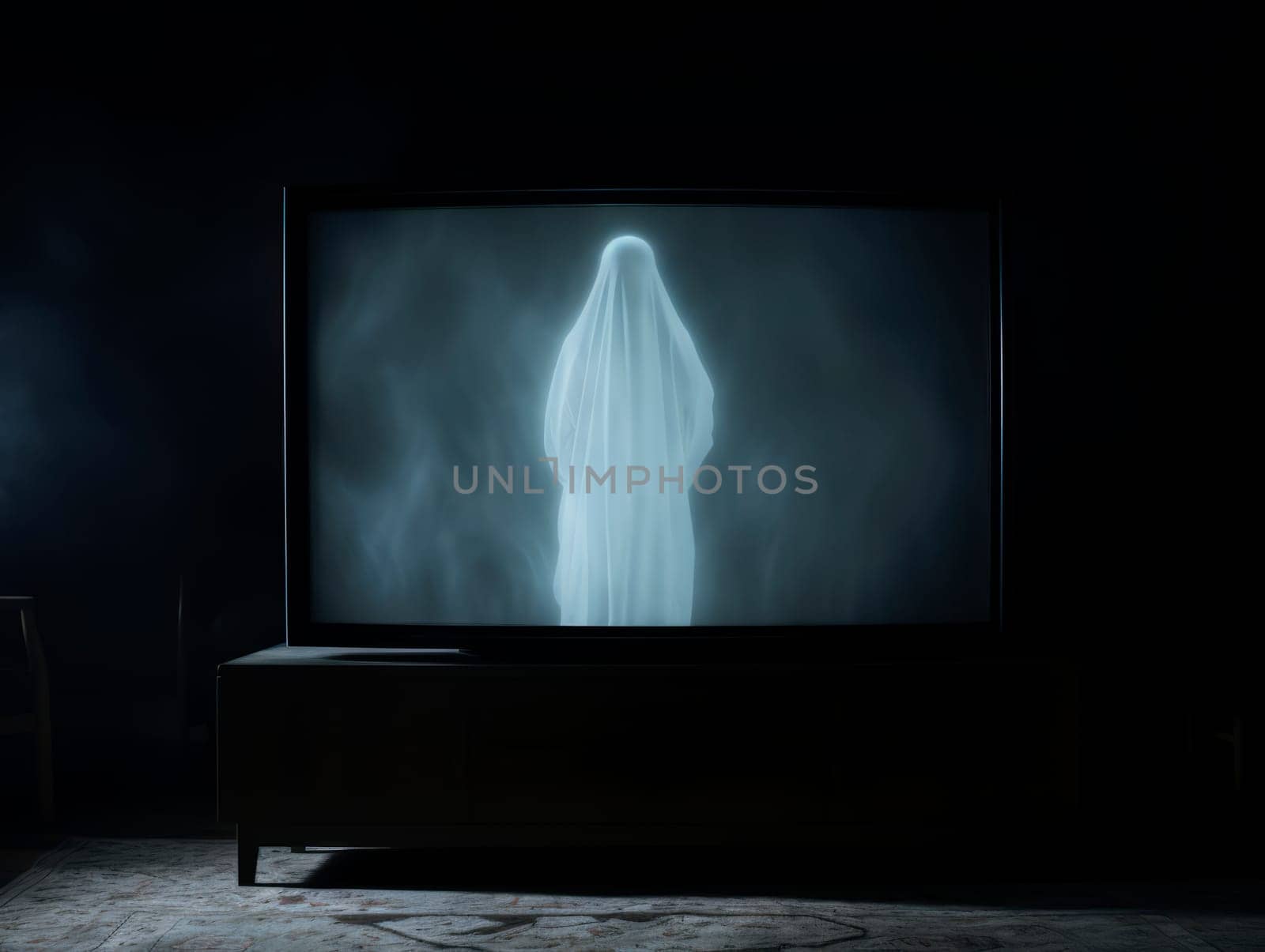 A TV set installed in a room at night shows static noise and a female ghost. A horror-themed scene.