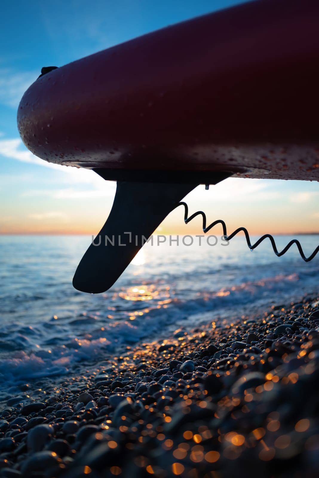 sup board fin close-up at sunset by the sea by Rotozey