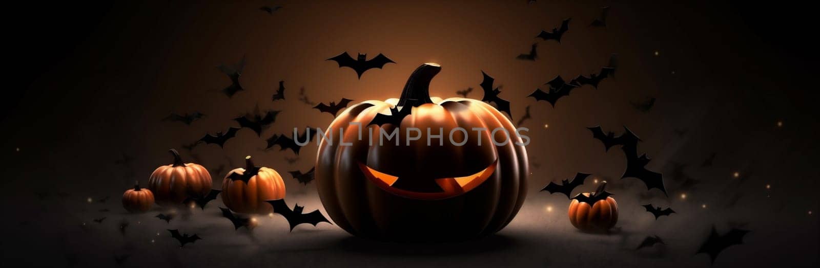 fear horror halloween night tree table pumpkin bat background blue mystery. Generative AI. by Vichizh