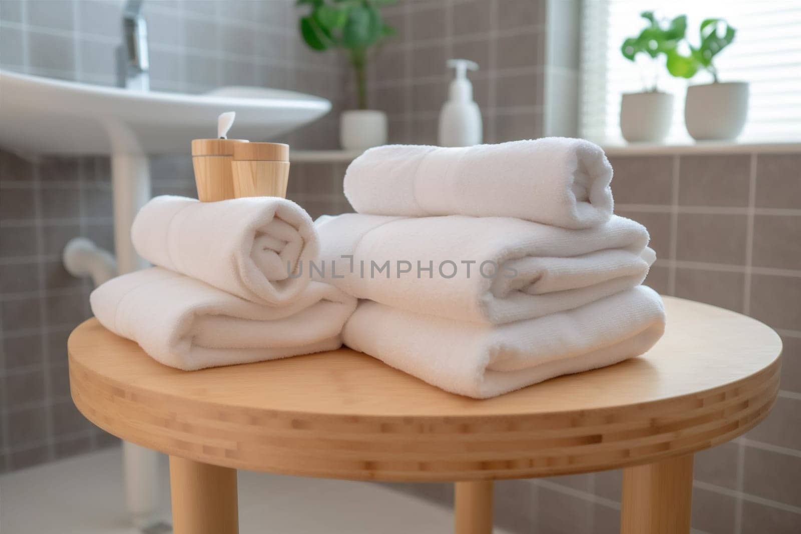 bathroom background space cloth room counter modern folded indoor hotel white design luxury shower soft relaxation towel home laundry interior table. Generative AI.