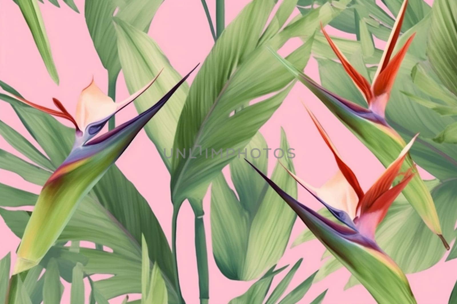 jungle flower seamless trendy pink orange pattern colorful leaf tropical. Generative AI. by Vichizh