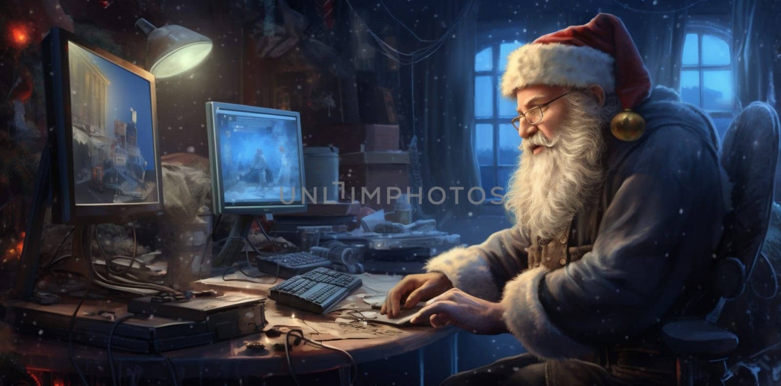 woman happy communication character concept christmas room family illustration greeting laptop december santa home interior male quarantine indoor holiday house. Generative AI.