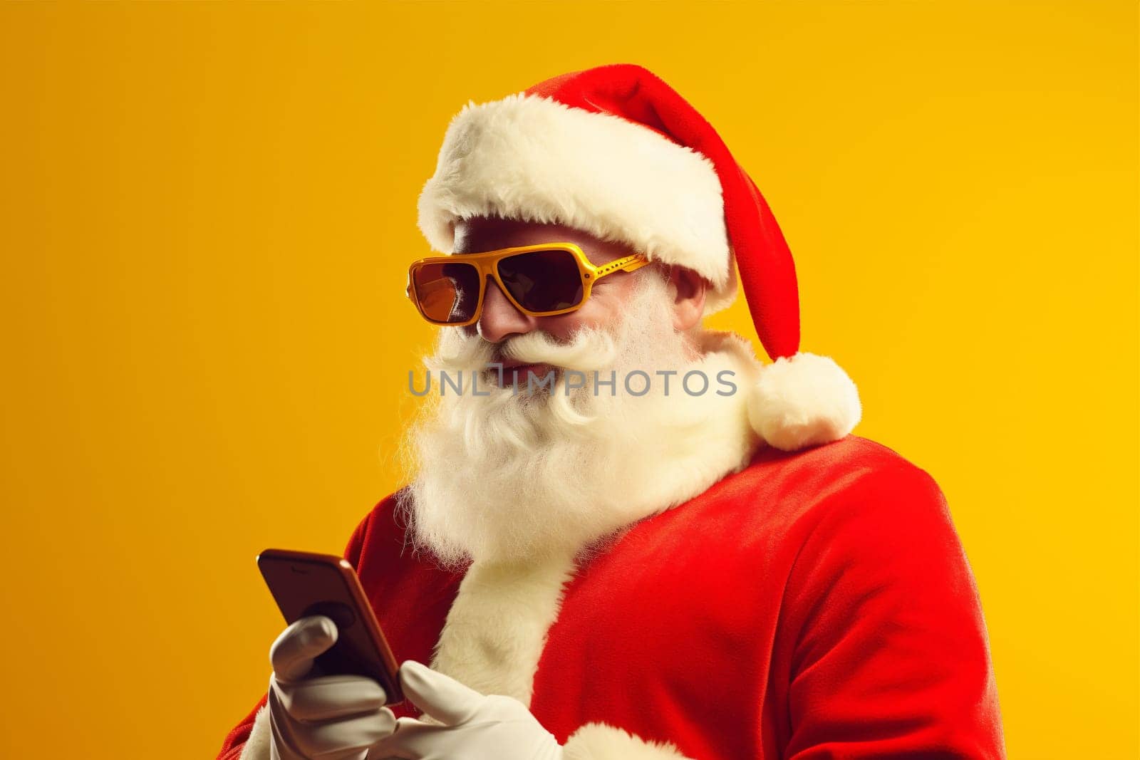 man holiday costume phone year smile grandfather mobile technology shopping mature message christmas claus connection merry smartphone fun santa male internet. Generative AI.