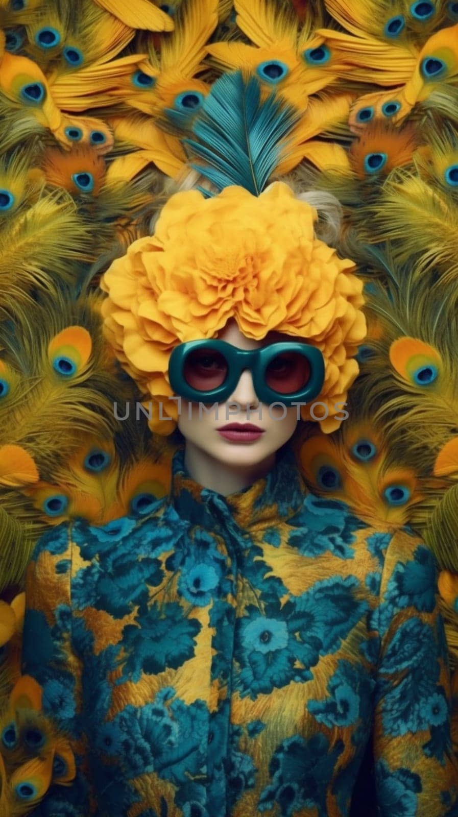 bird woman girl flower glamour art brunette friend skin rose beauty macaw fashion face peacock animal jungle young feathers tropical beautiful. Generative AI.