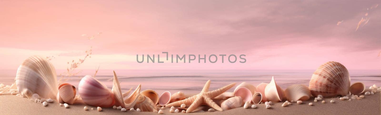 tropical sea summer ocean beach shell banner nature sand holiday. Generative AI. by Vichizh