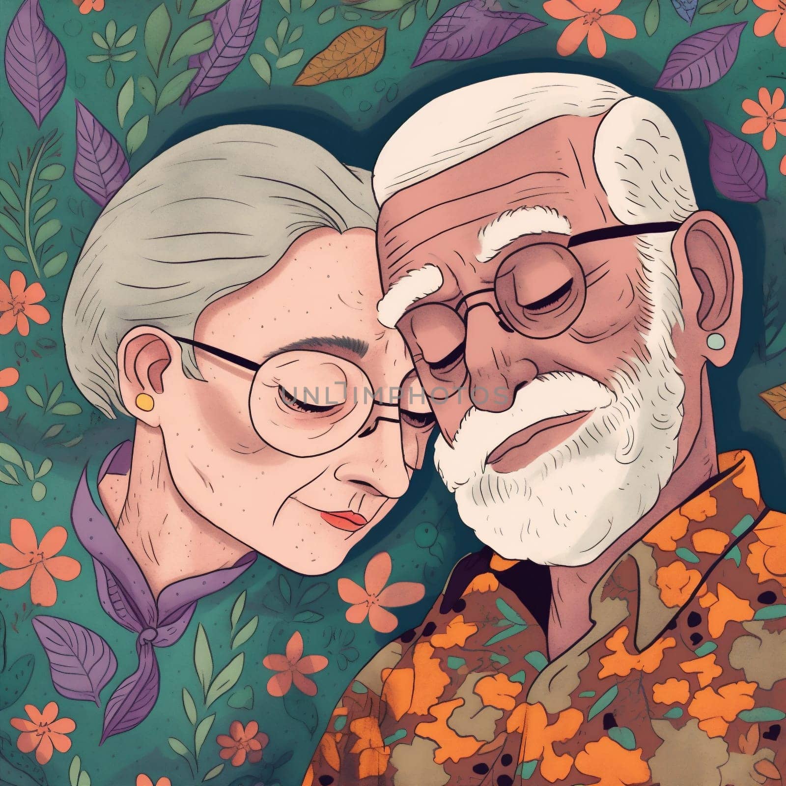 man woman senior love relax happiness retirement grandparent couple old male happy sleep bedtime bed illustration asleep mature grandmother rest together retired. Generative AI.