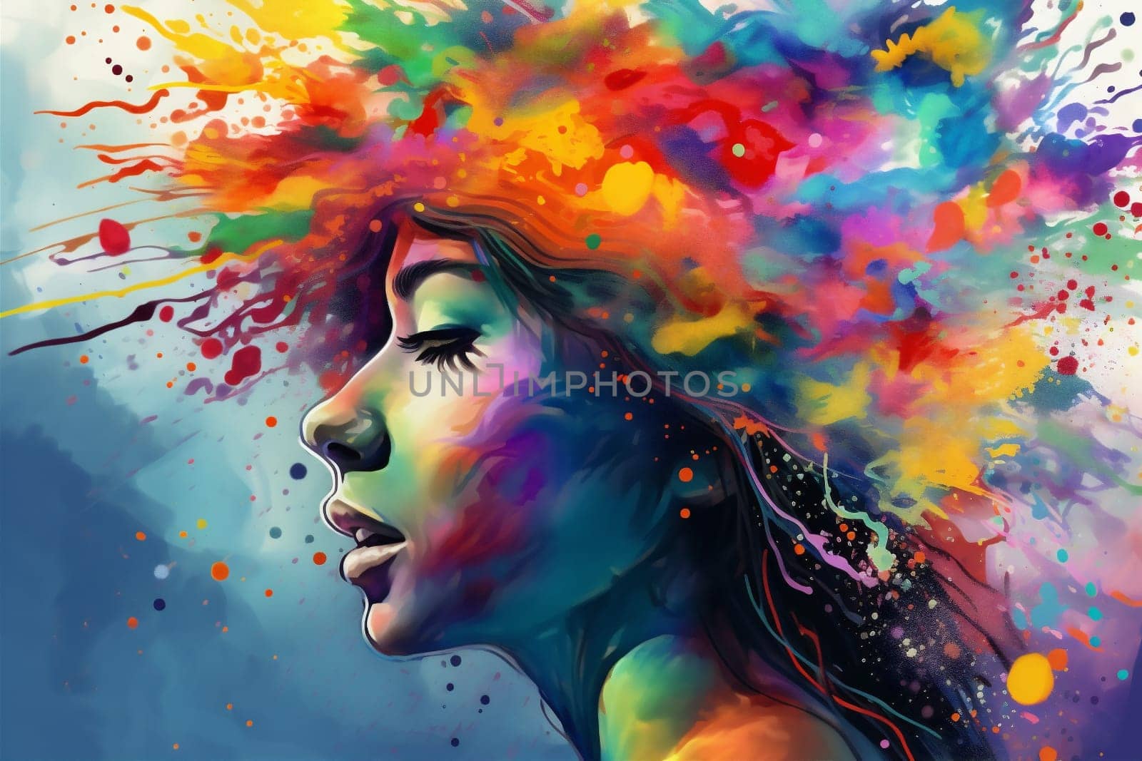 ink woman style hair lip beautiful texture day colourful beauty make-up face watercolor design women's young ornament art portrait illustration eye flower. Generative AI.