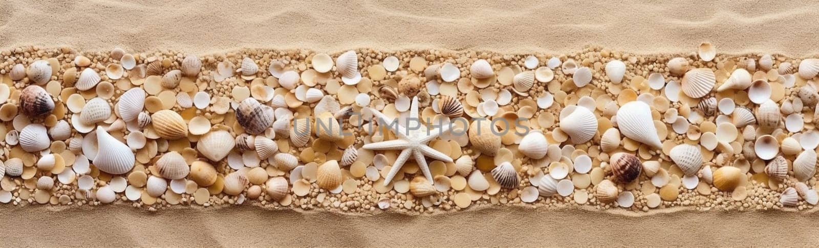 collection summer beach shell tropical banner concept exotic ocean seasonal background nature sand sea holiday coral landscape sale shore marin. Generative AI.