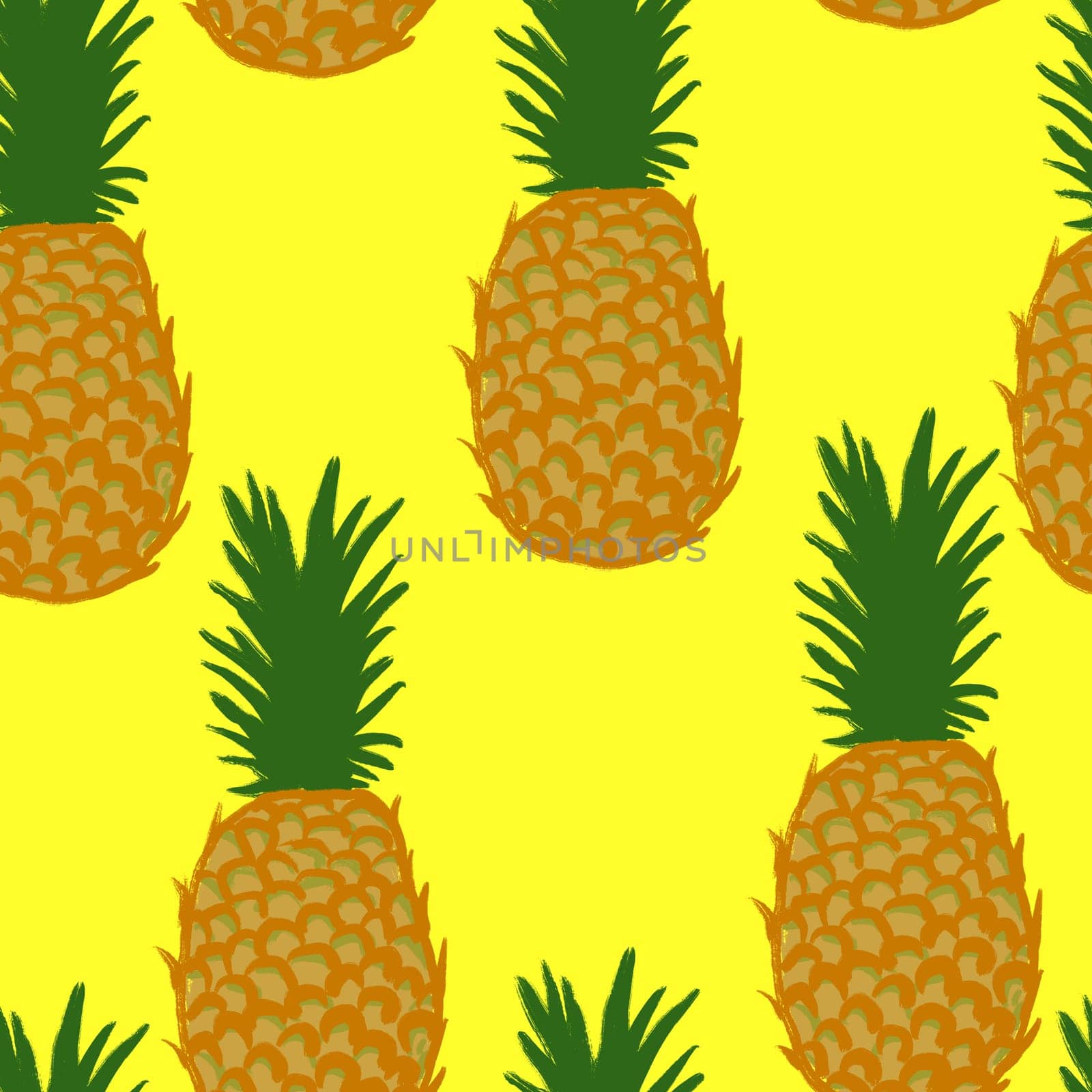 Hand drawn seamless pattern illustration of fruit pineapple, yellow green tropical dessert food, bright colorful sketch style. Eating vegetarian summer diet, tasty delicious groceries organic nature design.trendy sketch doodle. by Lagmar