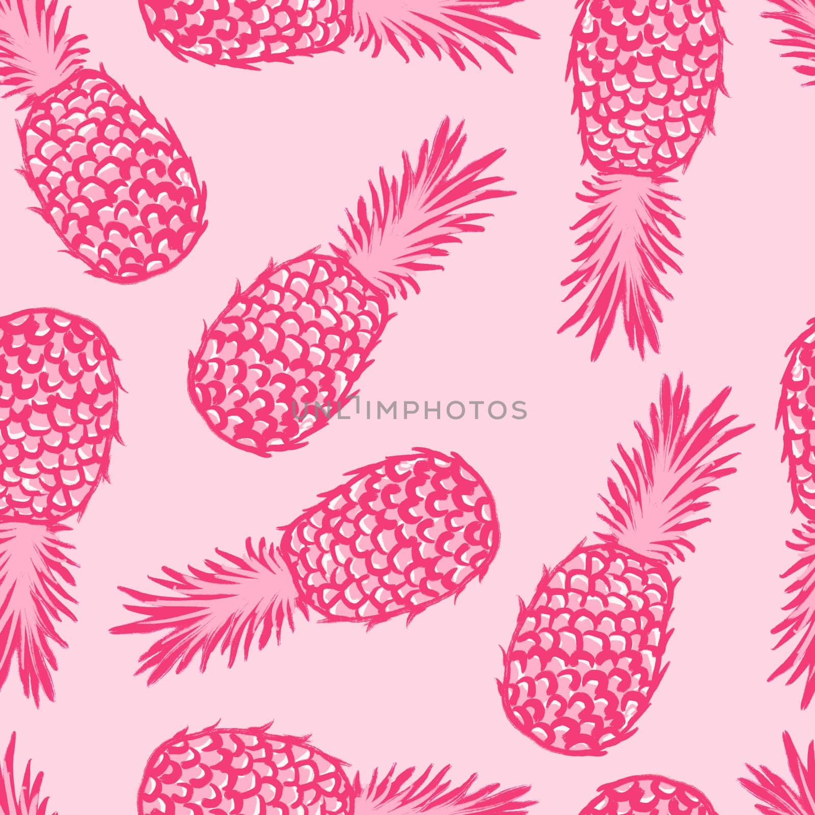 Hand drawn seamless pattern illustration of fruit pineapple, pink tropical dessert food, bright colorful sketch style. Eating vegetarian summer diet, tasty delicious groceries organic nature design.trendy sketch doodle. by Lagmar