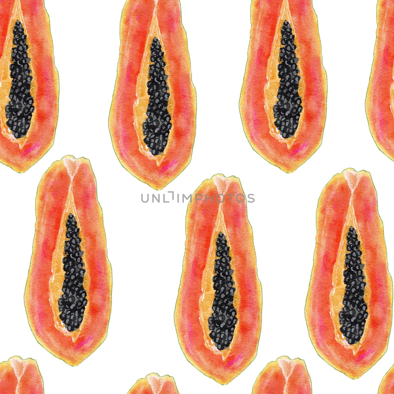 watercolor hand drawn seamless pattern illustration with tropical exotic ripe papaya fruit orange yellow with black seeds healthy trendy food for vegan vegetarian diet for kitchen textile fabrics menu. trendy colorful tropical print. by Lagmar