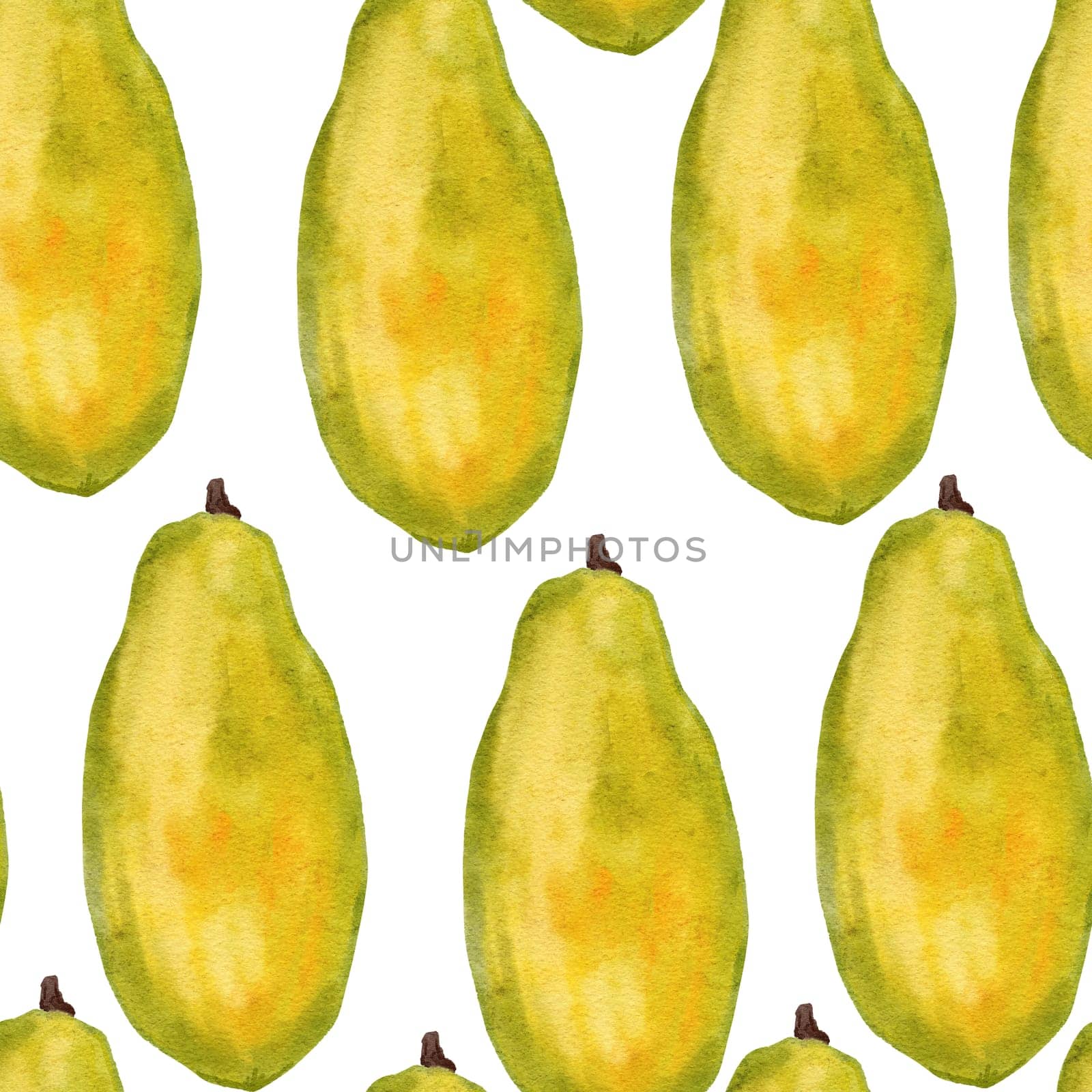 watercolor hand drawn seamless pattern illustration with tropical exotic ripe papaya fruit orange yellow healthy trendy food for vegan vegetarian diet for kitchen textile fabrics menu. trendy colorful tropical print. by Lagmar
