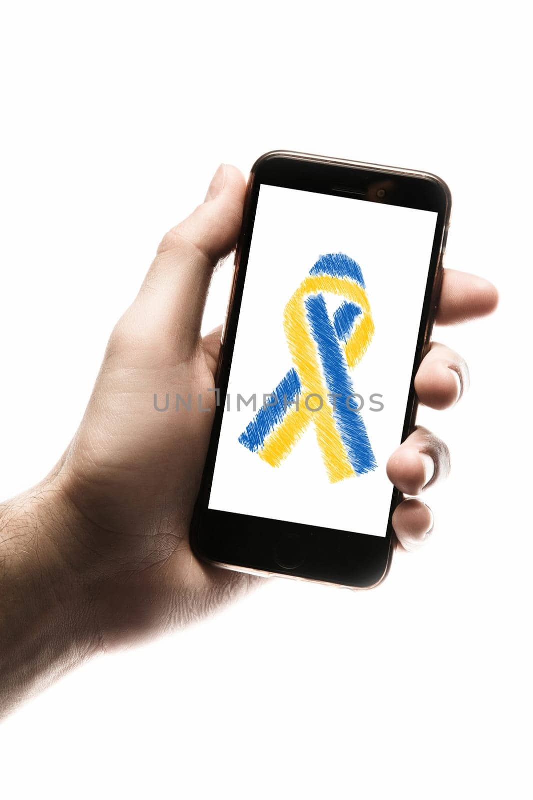 smartphone in hands on the screen blue and yellow ribbon, help and donation to ukraine in war. concept needs help and support, truth will win