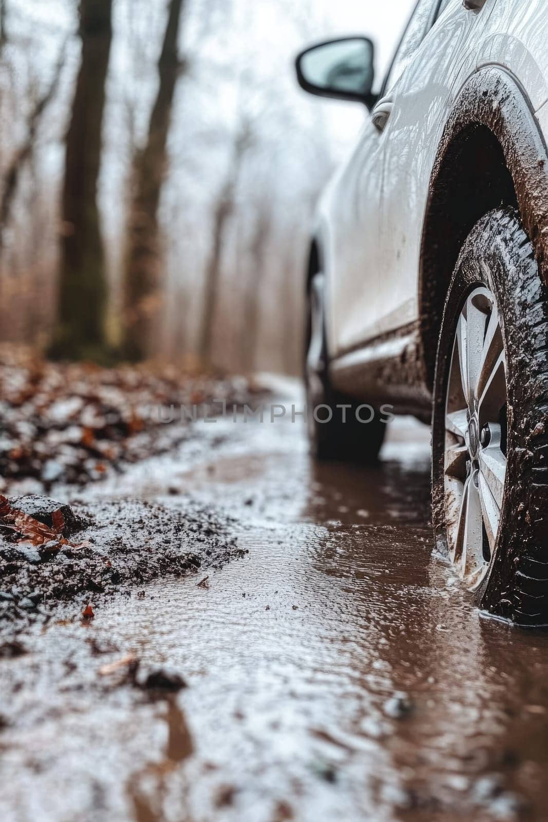 Safe journey: vehicle cautiously navigating a damp roadway, emphasizing the importance of driving safety and vehicle control on slippery surfaces while adapting to challenging wet road conditions