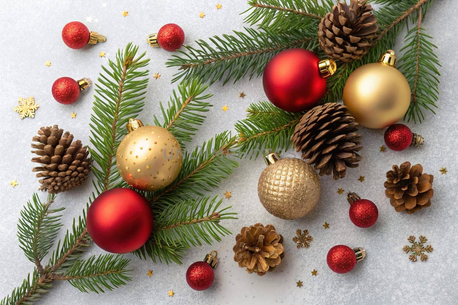 A beautiful arrangement of Christmas ornaments, pine branches, and pinecones, creating a festive and inviting scene. Red and gold Christmas ornaments, pine branches, and pinecones create a festive and elegant display. A collection of Christmas ornaments, pine branches, and pinecones create a festive and joyful scene. This festive arrangement of Christmas ornaments, pine branches, and pinecones is sure to bring holiday cheer to any room.