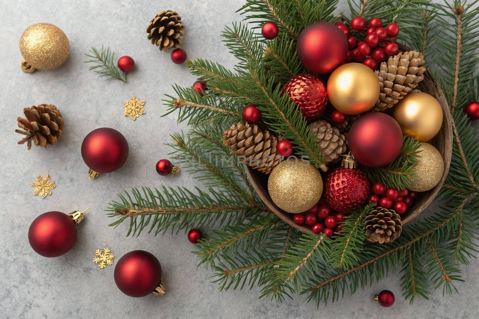 A beautiful arrangement of Christmas ornaments, pine branches, and pinecones, creating a festive and inviting scene. Red and gold Christmas ornaments, pine branches, and pinecones create a festive and elegant display. A collection of Christmas ornaments, pine branches, and pinecones create a festive and joyful scene. This festive arrangement of Christmas ornaments, pine branches, and pinecones is sure to bring holiday cheer to any room.