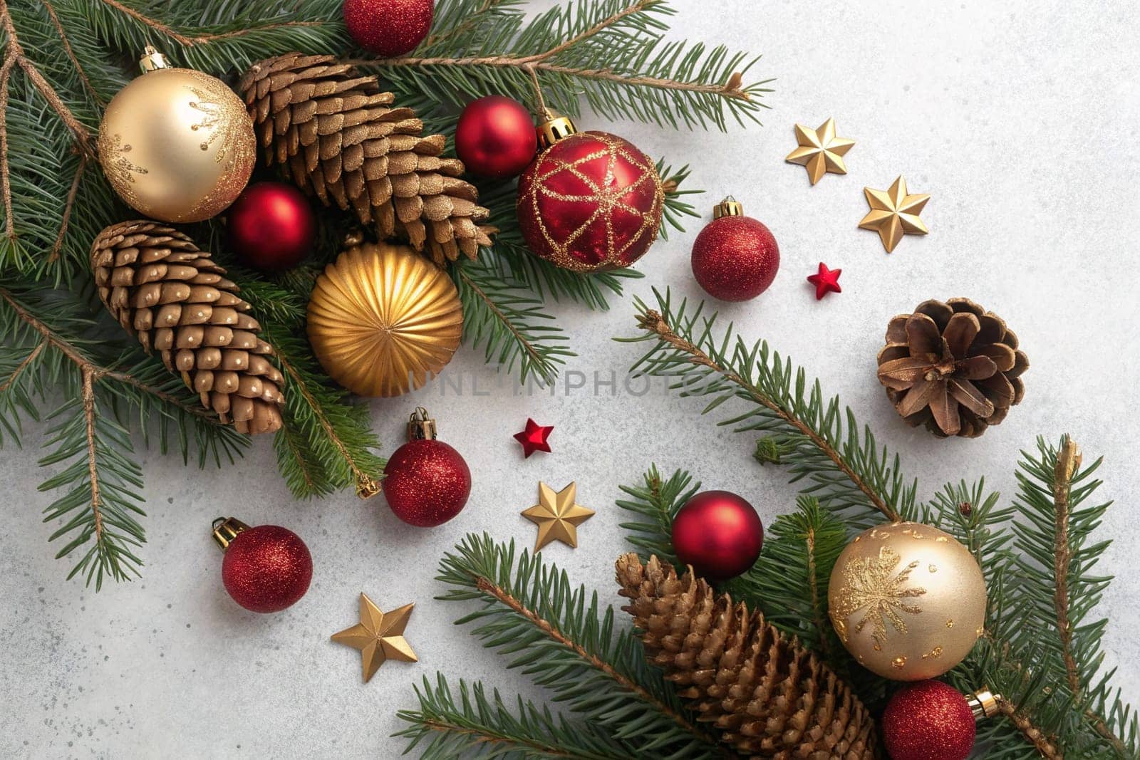 A beautiful arrangement of Christmas ornaments, pine branches, and pinecones, creating a festive and inviting scene. Red and gold Christmas ornaments, pine branches, and pinecones create a festive and elegant display. A collection of Christmas ornaments, pine branches, and pinecones create a festive and joyful scene. This festive arrangement of Christmas ornaments, pine branches, and pinecones is sure to bring holiday cheer to any room.