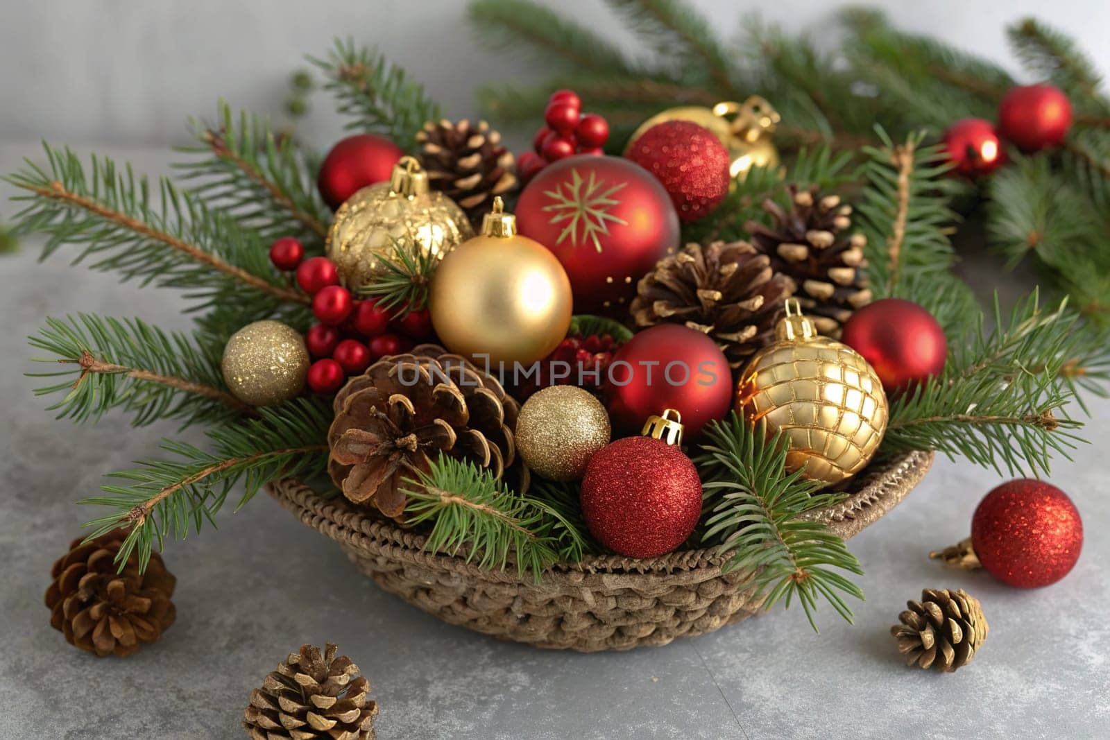 A beautiful arrangement of Christmas ornaments, pine branches, and pinecones, creating a festive and inviting scene. Red and gold Christmas ornaments, pine branches, and pinecones create a festive and elegant display. A collection of Christmas ornaments, pine branches, and pinecones create a festive and joyful scene. This festive arrangement of Christmas ornaments, pine branches, and pinecones is sure to bring holiday cheer to any room.
