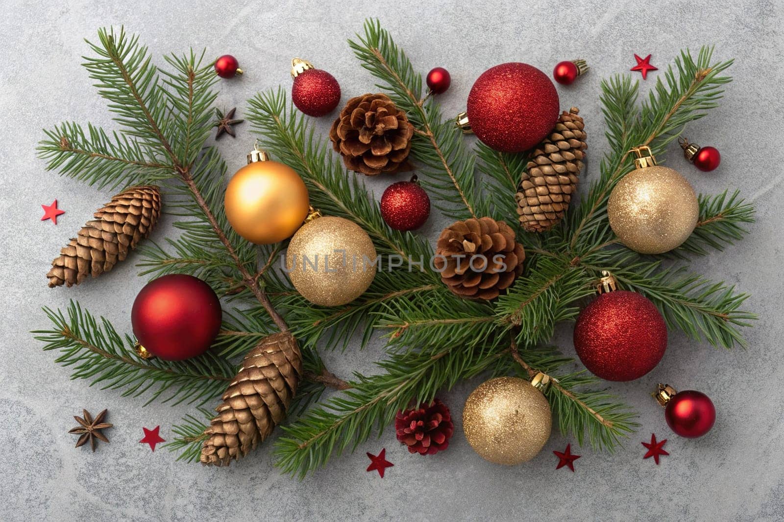 A beautiful arrangement of Christmas ornaments, pine branches, and pinecones, creating a festive and inviting scene. Red and gold Christmas ornaments, pine branches, and pinecones create a festive and elegant display. A collection of Christmas ornaments, pine branches, and pinecones create a festive and joyful scene. This festive arrangement of Christmas ornaments, pine branches, and pinecones is sure to bring holiday cheer to any room.