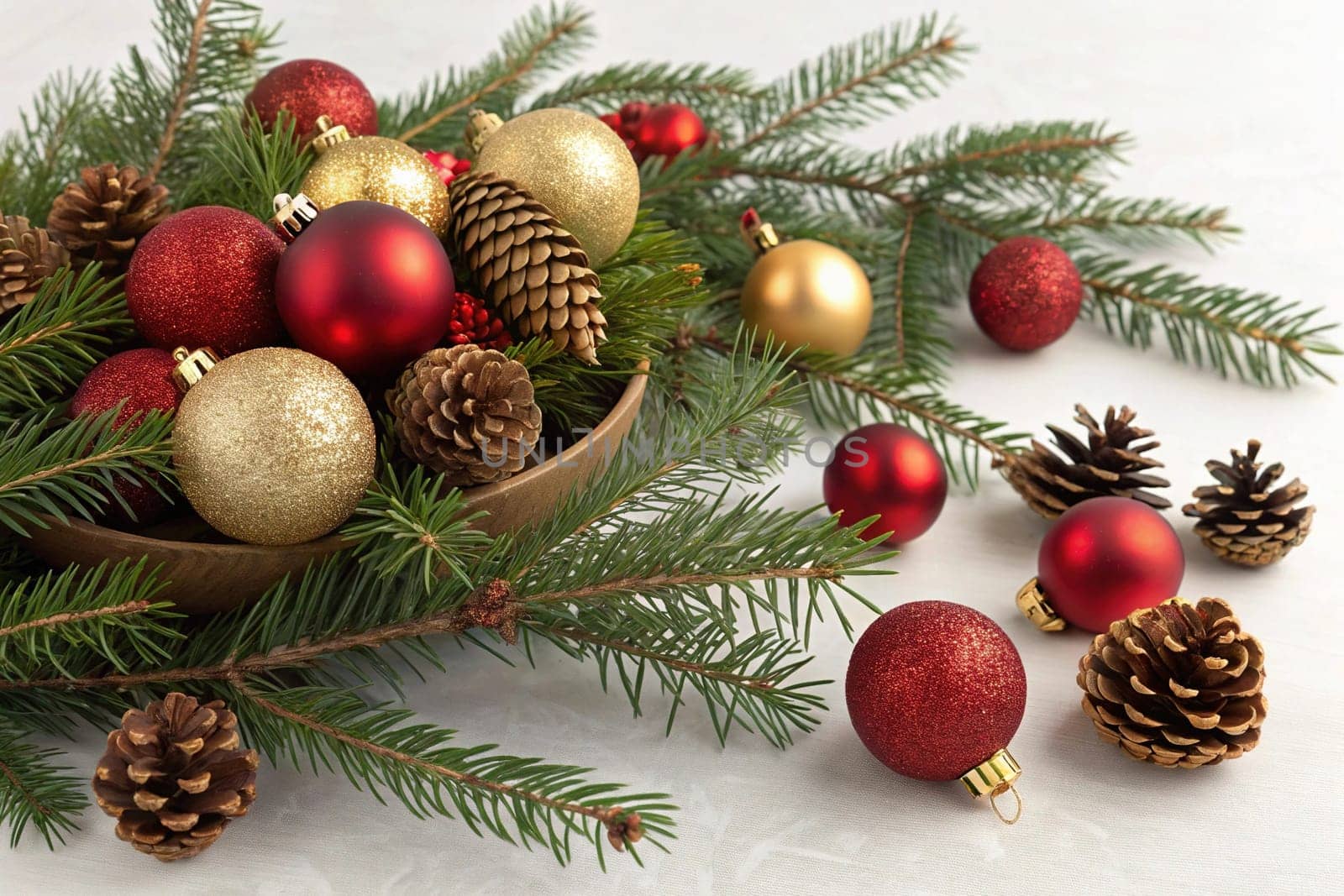 A beautiful arrangement of Christmas ornaments, pine branches, and pinecones, creating a festive and inviting scene. Red and gold Christmas ornaments, pine branches, and pinecones create a festive and elegant display. A collection of Christmas ornaments, pine branches, and pinecones create a festive and joyful scene. This festive arrangement of Christmas ornaments, pine branches, and pinecones is sure to bring holiday cheer to any room.
