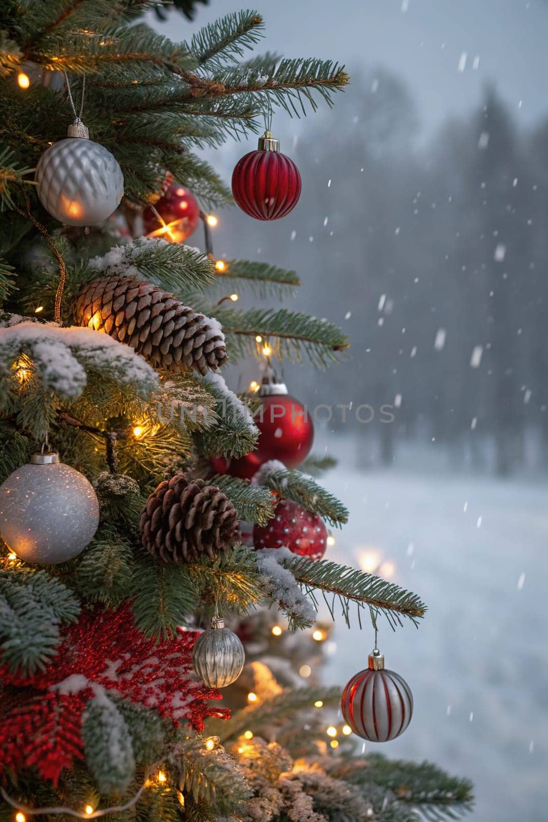 A beautifully decorated Christmas tree with ornaments, lights, and snow. A close-up of a Christmas tree with festive decorations. A warm and inviting Christmas tree scene. A Christmas tree with red and silver ornaments and pine cones. A Christmas tree with fairy lights and a snowy backdrop.