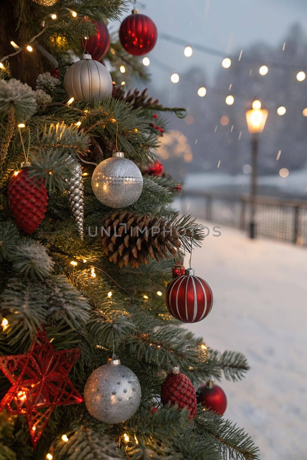 A beautifully decorated Christmas tree with ornaments, lights, and snow. A close-up of a Christmas tree with festive decorations. A warm and inviting Christmas tree scene. A Christmas tree with red and silver ornaments and pine cones. A Christmas tree with fairy lights and a snowy backdrop.