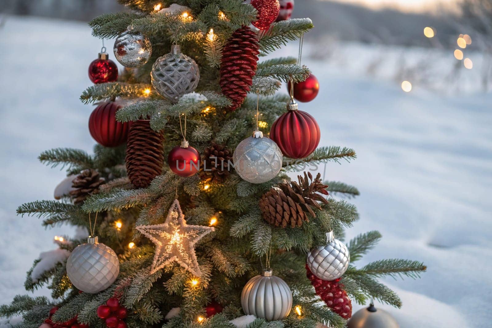 A beautifully decorated Christmas tree with ornaments, lights, and snow. A close-up of a Christmas tree with festive decorations. A warm and inviting Christmas tree scene. A Christmas tree with red and silver ornaments and pine cones. A Christmas tree with fairy lights and a snowy backdrop.