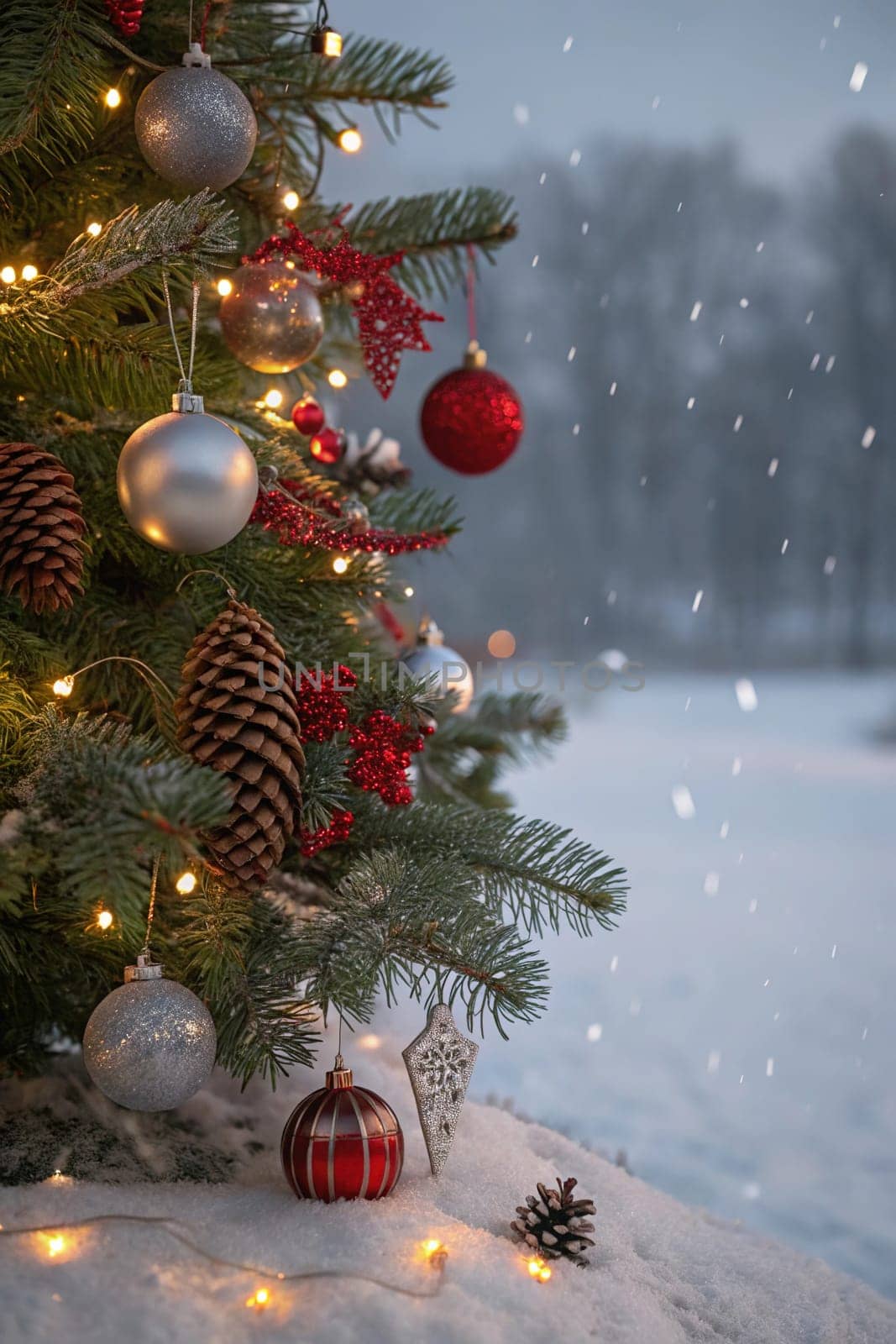 A beautifully decorated Christmas tree with ornaments, lights, and snow. A close-up of a Christmas tree with festive decorations. A warm and inviting Christmas tree scene. A Christmas tree with red and silver ornaments and pine cones. A Christmas tree with fairy lights and a snowy backdrop.