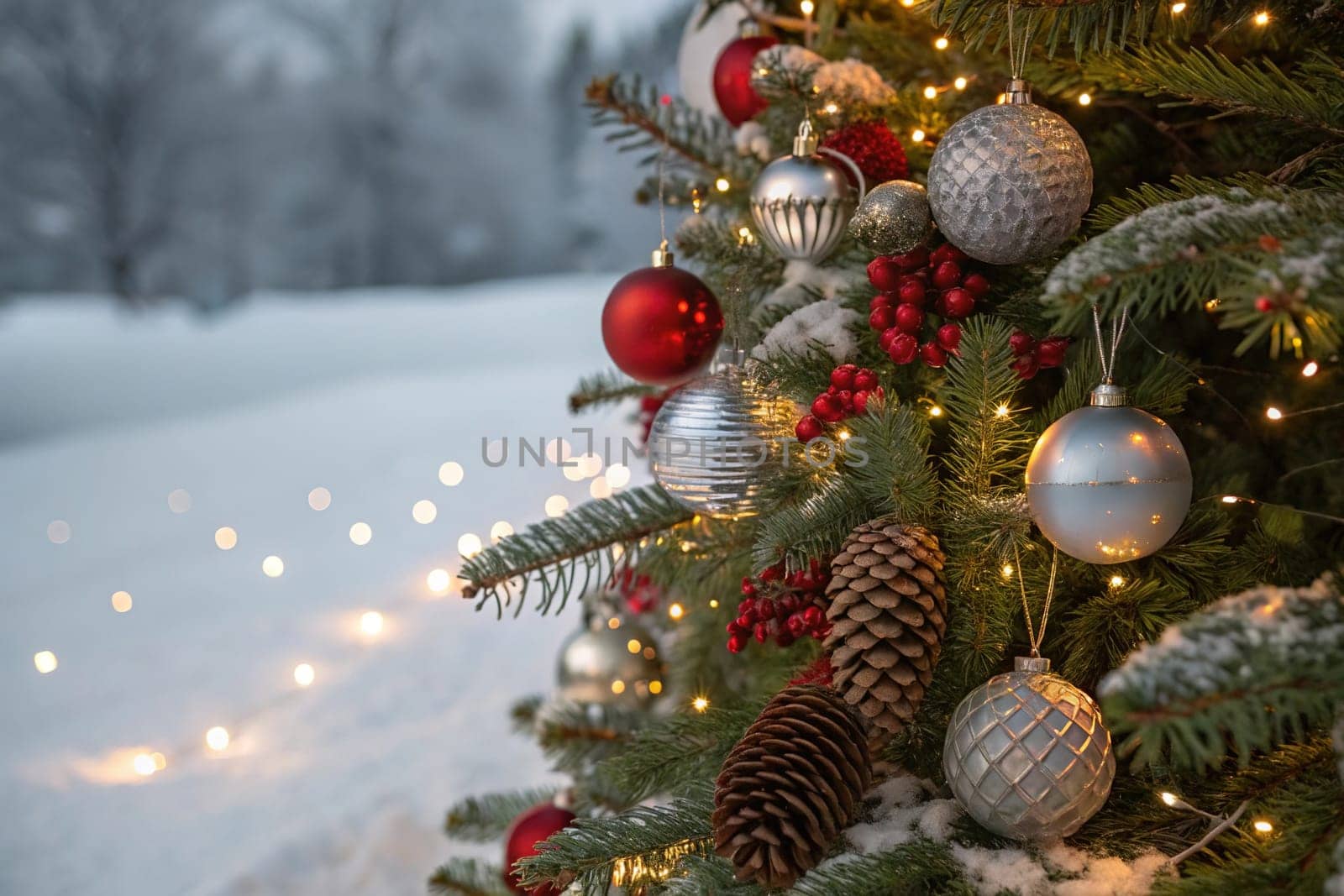 A beautifully decorated Christmas tree with ornaments, lights, and snow. A close-up of a Christmas tree with festive decorations. A warm and inviting Christmas tree scene. A Christmas tree with red and silver ornaments and pine cones. A Christmas tree with fairy lights and a snowy backdrop.