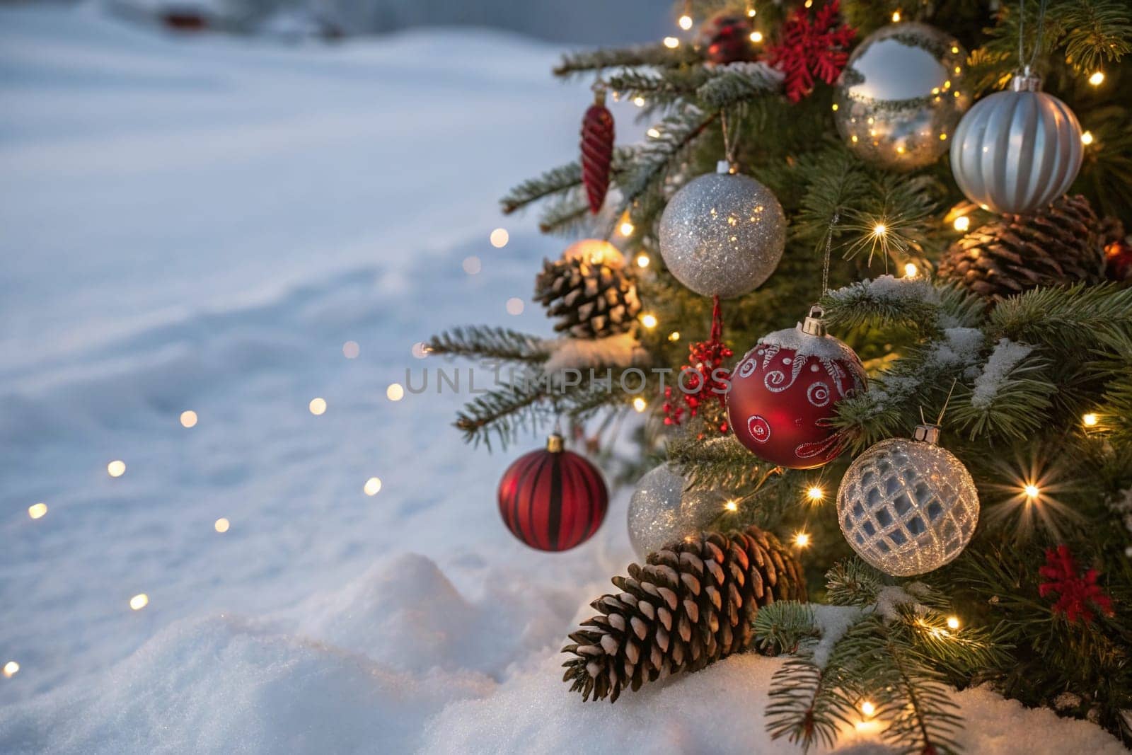 A beautifully decorated Christmas tree with ornaments, lights, and snow. A close-up of a Christmas tree with festive decorations. A warm and inviting Christmas tree scene. A Christmas tree with red and silver ornaments and pine cones. A Christmas tree with fairy lights and a snowy backdrop.