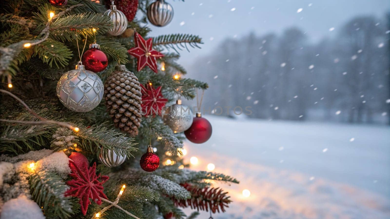 A beautifully decorated Christmas tree with ornaments, lights, and snow. A close-up of a Christmas tree with festive decorations. A warm and inviting Christmas tree scene. A Christmas tree with red and silver ornaments and pine cones. A Christmas tree with fairy lights and a snowy backdrop.