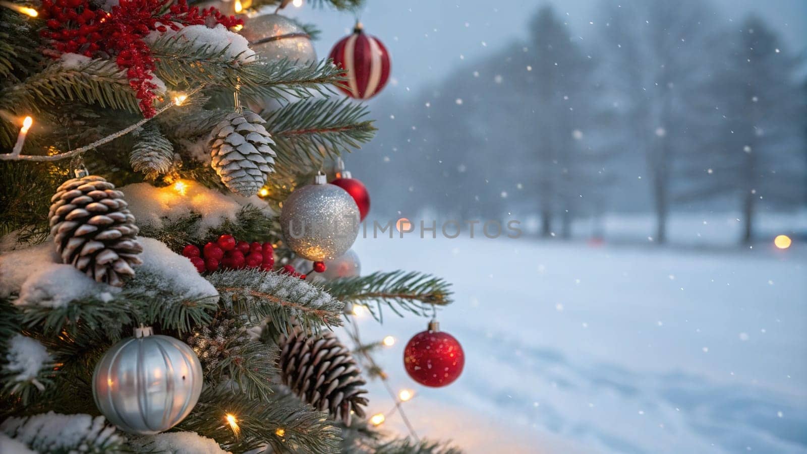 A beautifully decorated Christmas tree with ornaments, lights, and snow. A close-up of a Christmas tree with festive decorations. A warm and inviting Christmas tree scene. A Christmas tree with red and silver ornaments and pine cones. A Christmas tree with fairy lights and a snowy backdrop.