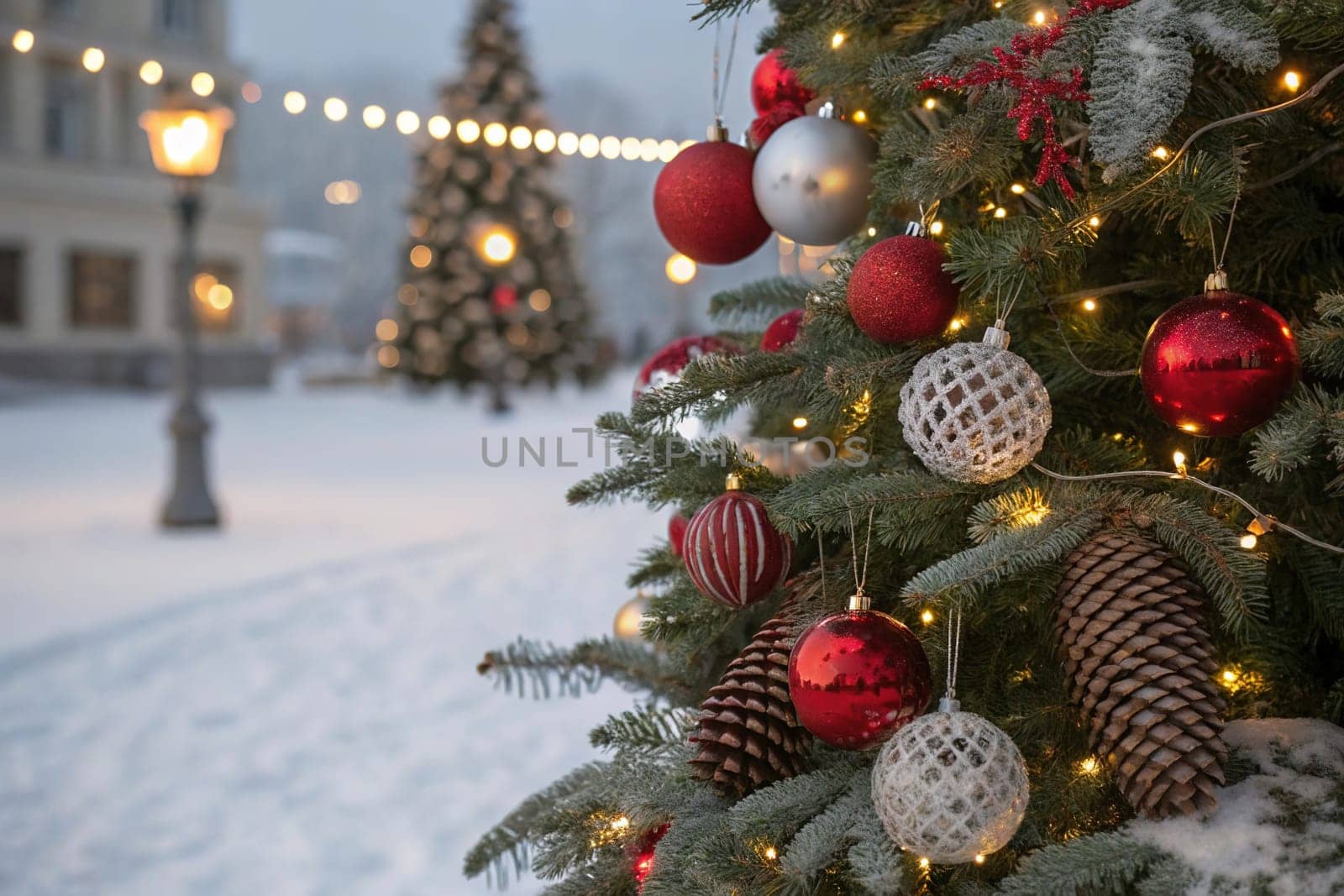 A beautifully decorated Christmas tree with ornaments, lights, and snow. A close-up of a Christmas tree with festive decorations. A warm and inviting Christmas tree scene. A Christmas tree with red and silver ornaments and pine cones. A Christmas tree with fairy lights and a snowy backdrop.