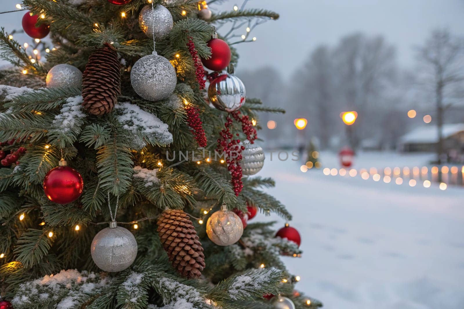 A beautifully decorated Christmas tree with ornaments, lights, and snow. A close-up of a Christmas tree with festive decorations. A warm and inviting Christmas tree scene. A Christmas tree with red and silver ornaments and pine cones. A Christmas tree with fairy lights and a snowy backdrop.
