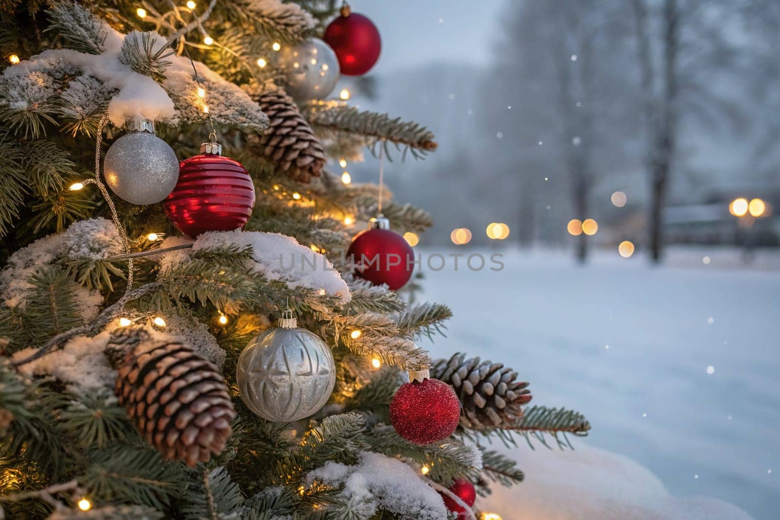 A beautifully decorated Christmas tree with ornaments, lights, and snow. A close-up of a Christmas tree with festive decorations. A warm and inviting Christmas tree scene. A Christmas tree with red and silver ornaments and pine cones. A Christmas tree with fairy lights and a snowy backdrop.