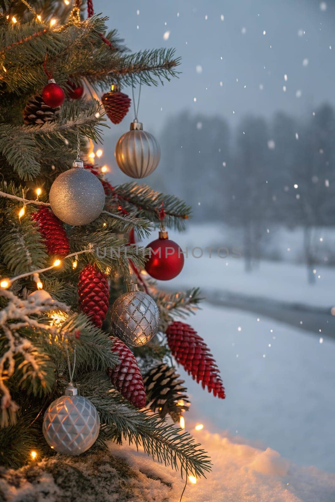 A beautifully decorated Christmas tree with ornaments, lights, and snow. A close-up of a Christmas tree with festive decorations. A warm and inviting Christmas tree scene. A Christmas tree with red and silver ornaments and pine cones. A Christmas tree with fairy lights and a snowy backdrop.