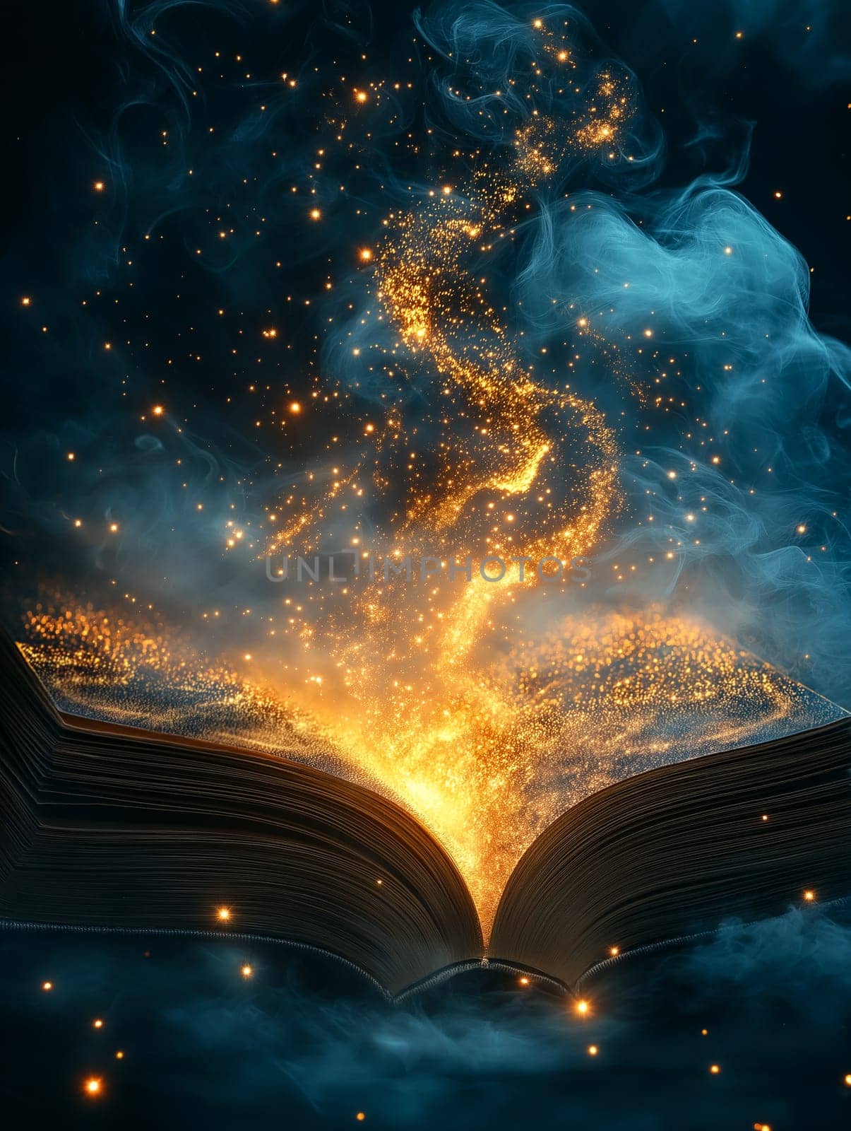 A book is open to a page with a glowing, swirling smoke effect. The smoke is made up of tiny, sparkling particles that seem to be floating in the air. Concept of wonder and magic