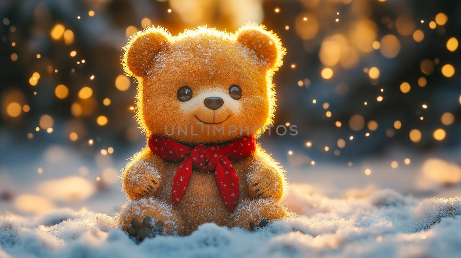 A teddy bear is sitting in the snow with a red scarf around its neck. The bear is smiling and he is enjoying the winter weather