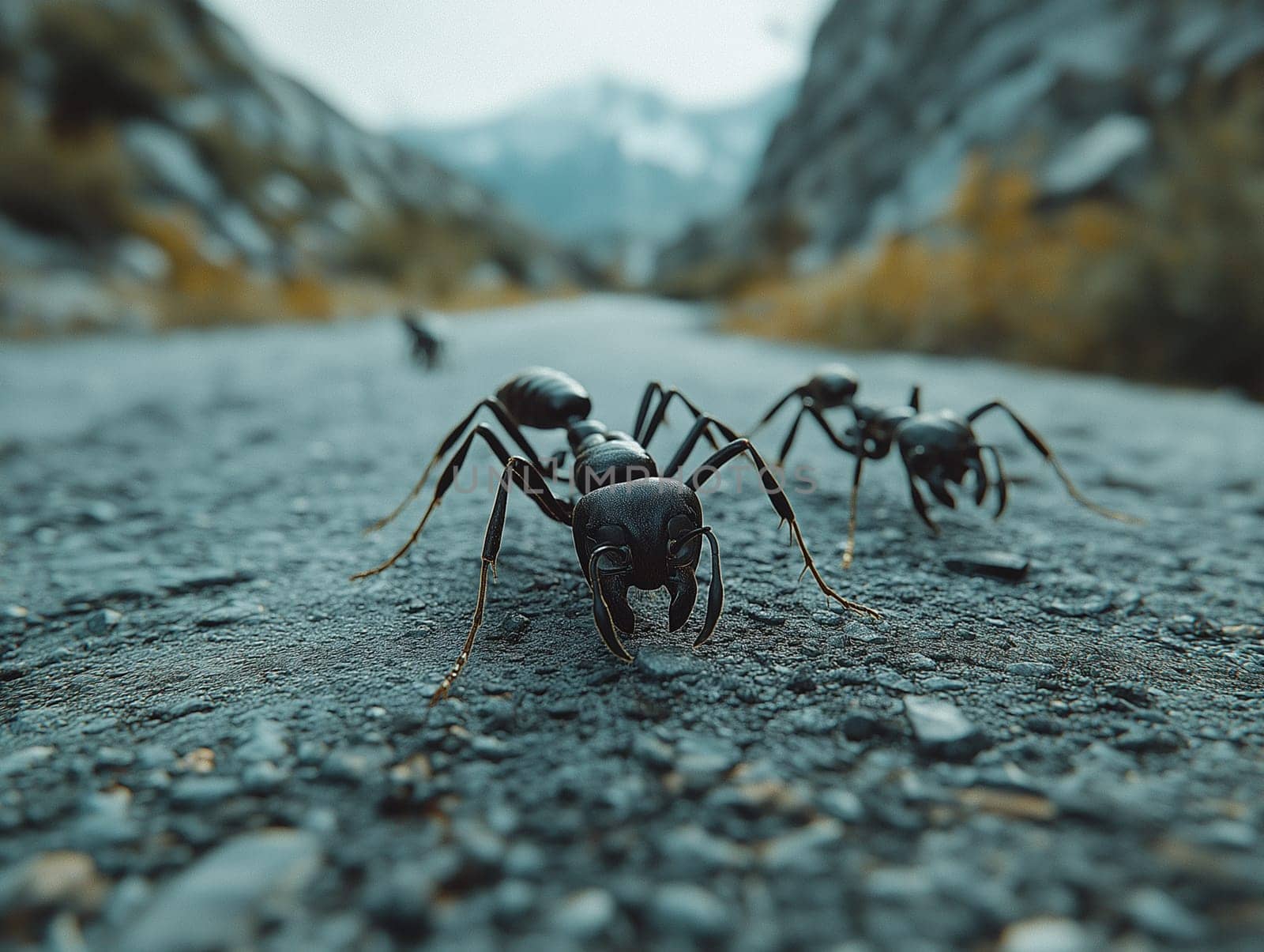 Three black ants are on the ground, one of which is looking up. The image has a moody, almost eerie feeling to it, as if the ants are about to do something sinister