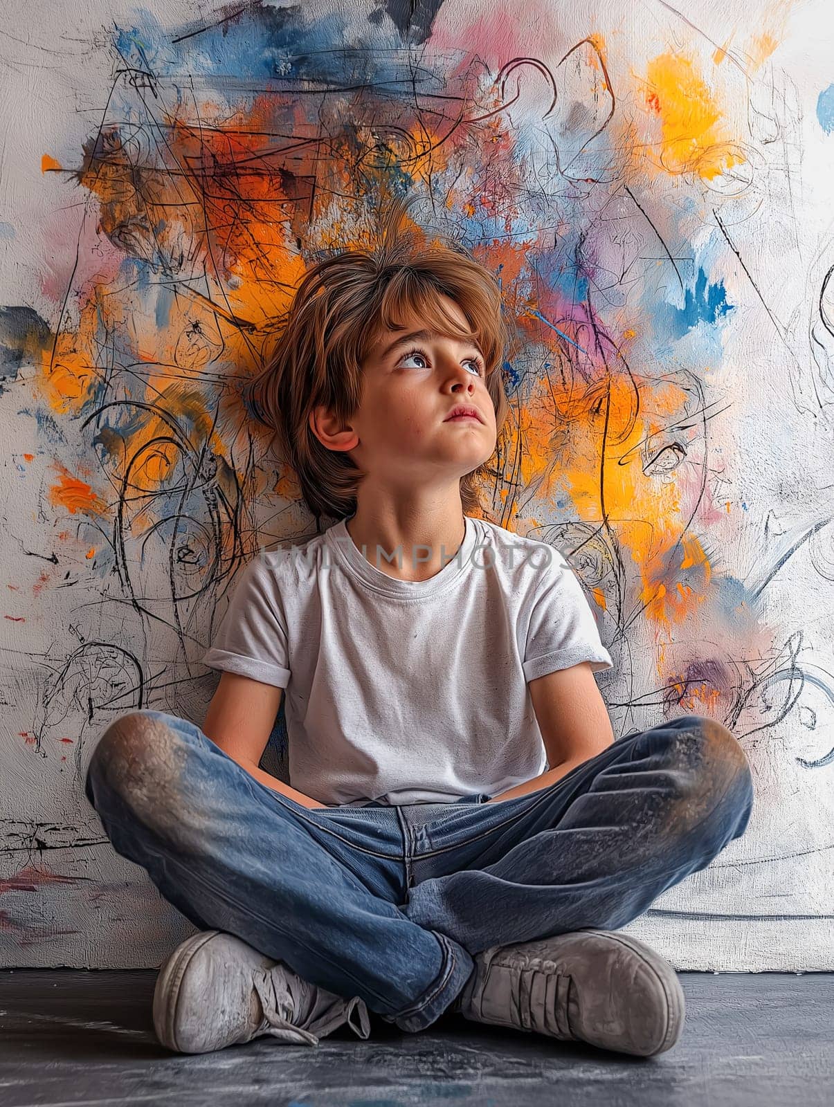 A young boy sits on the floor with his head tilted to the side. He is looking up at a wall covered in colorful paint. The boy appears to be lost in thought