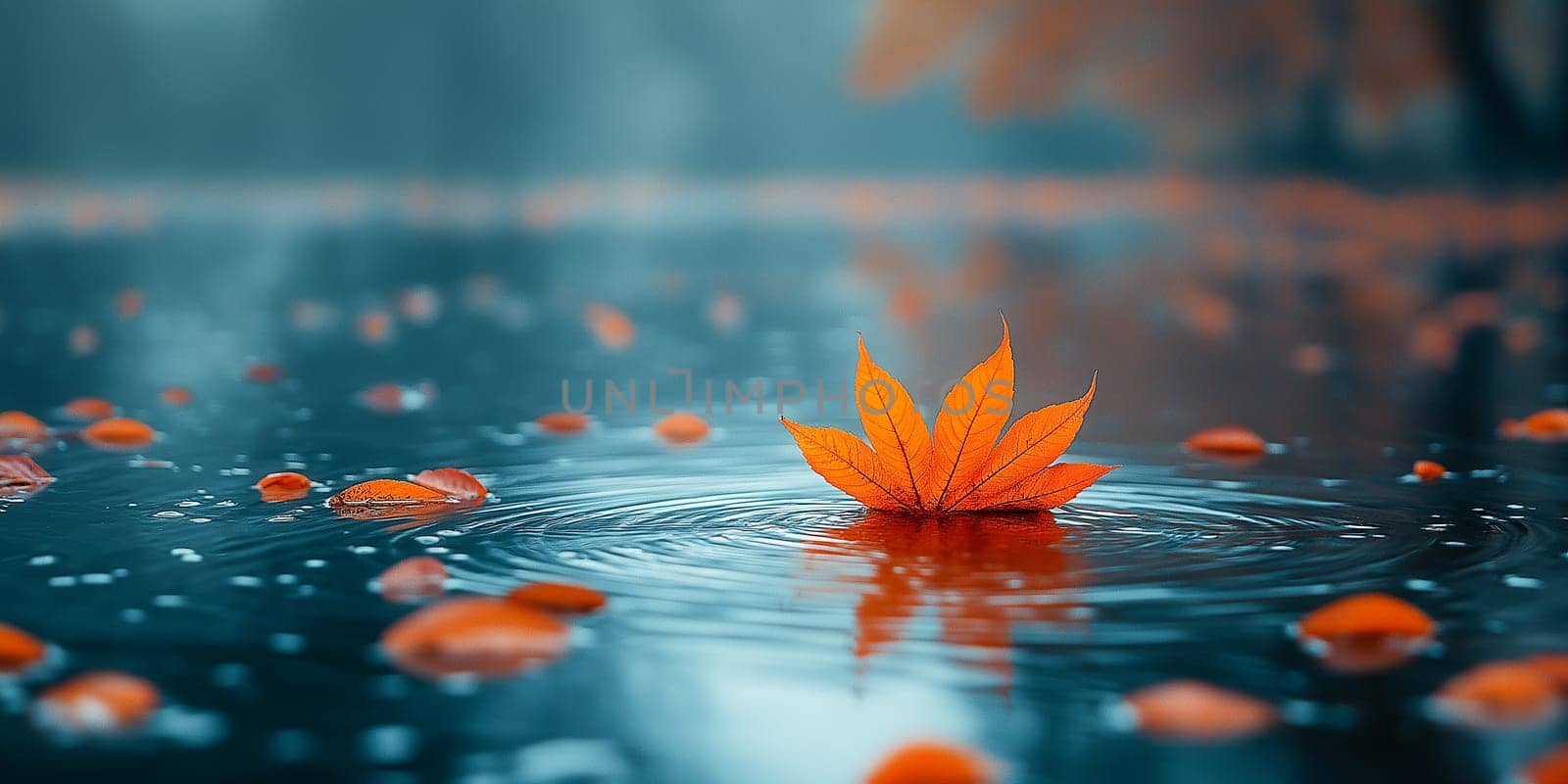 A leaf is floating on a body of water. The water is blue and the leaf is orange