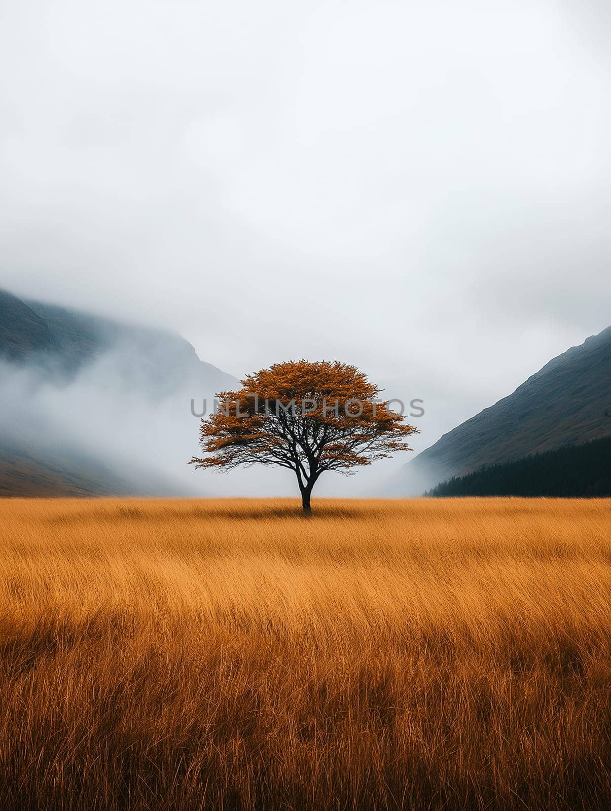 A lone tree stands in a field of tall grass. The sky is overcast and the tree is surrounded by a foggy atmosphere