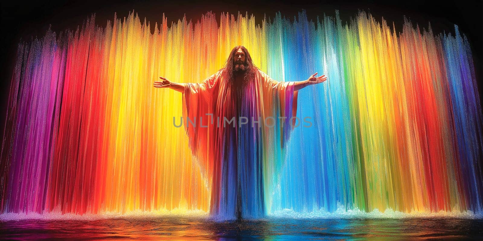 A man in a robe is standing in front of a waterfall of colorful water. The man is reaching out to the water, as if he is trying to touch it. The scene is vibrant and lively