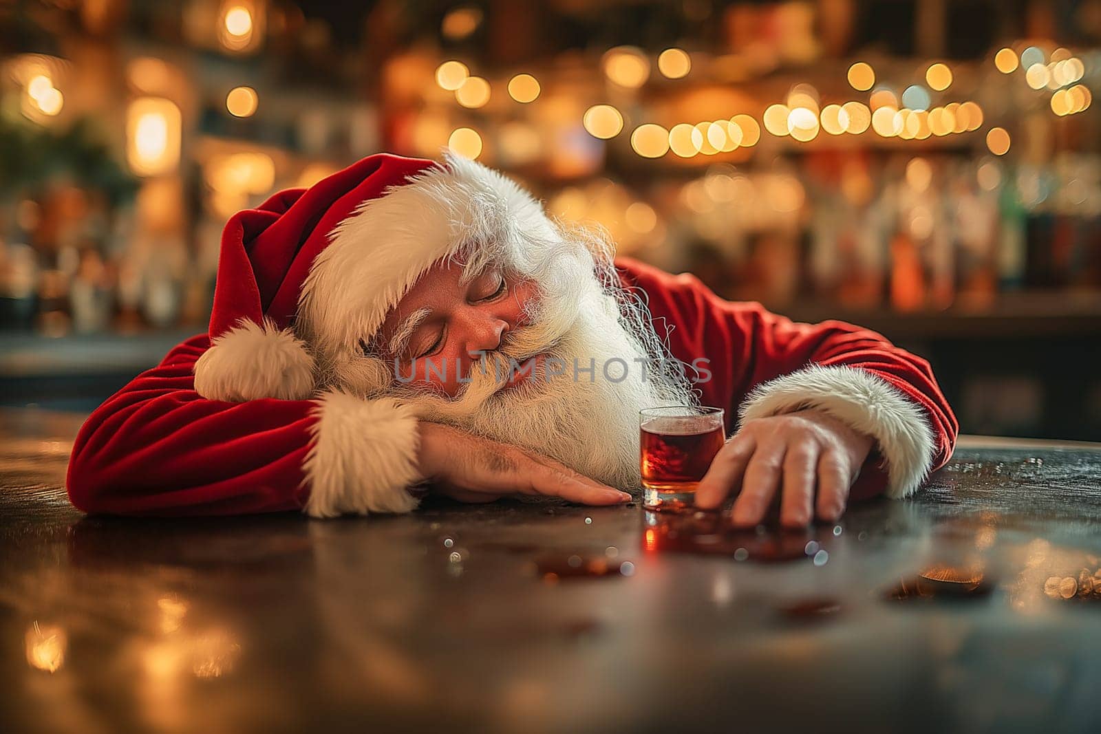 A man in a Santa hat is sleeping on a bar counter. A glass of alcohol is next to him