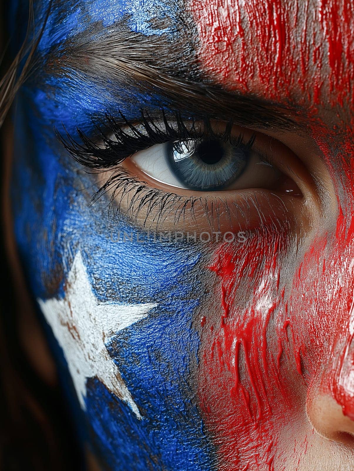 A woman's face is painted with the colors of the American flag. The blue and red paint is splattered all over her face, giving her a bold and patriotic look